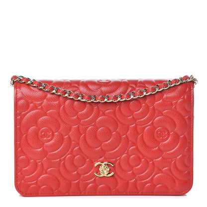 Chanel Caviar Camellia Embossed Wallet On Chain WOC Red 1 of 12