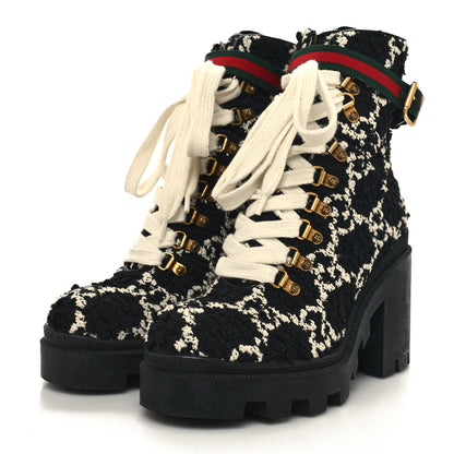 Gucci Tweed GG Monogram Lace Up Combat Ankle Boots 38.5 Black 3 of 8