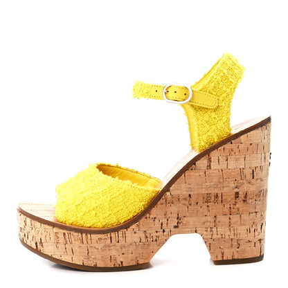 Chanel Tweed Cork CC Wedge Sandals 39 Yellow 1 of 8