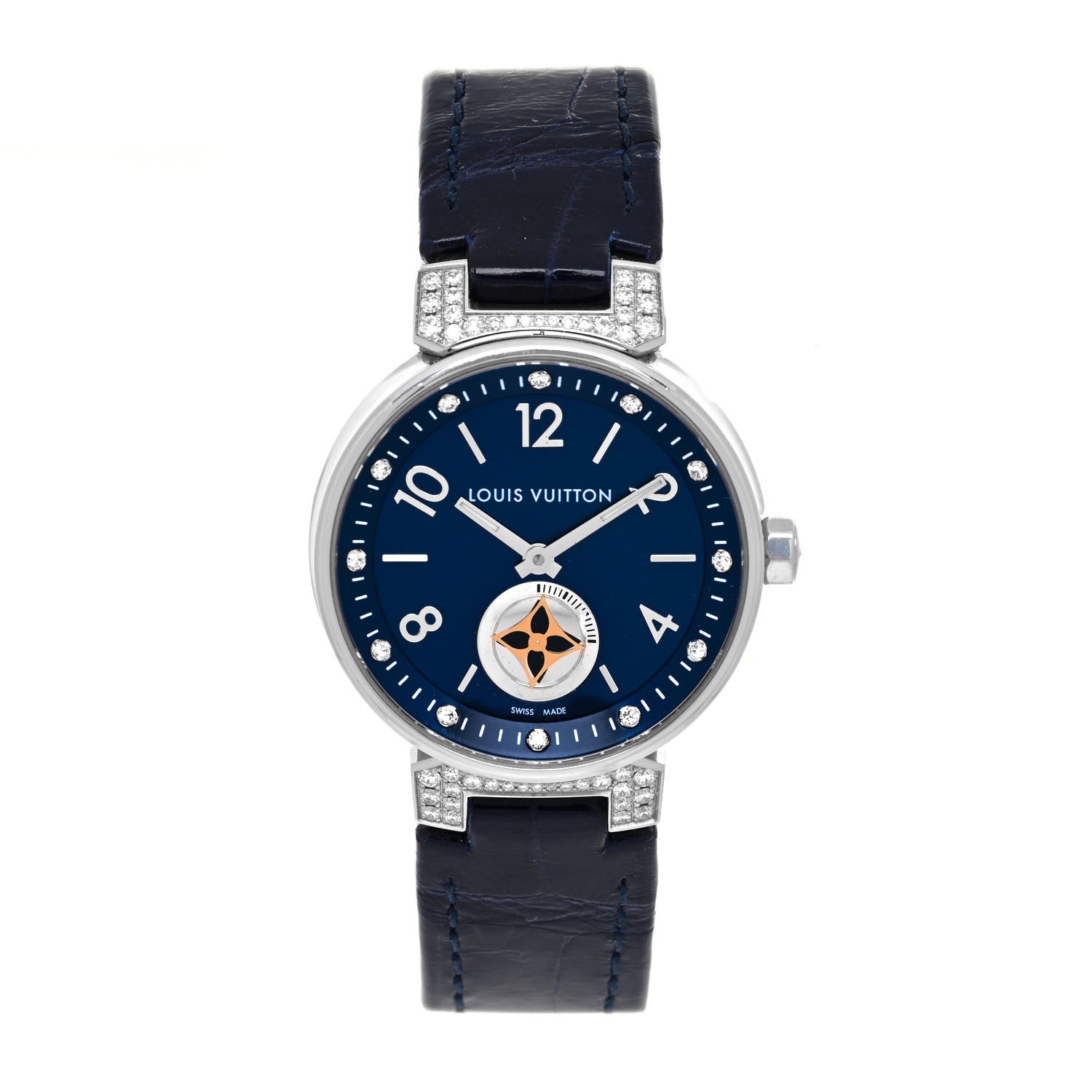 Louis Vuitton Stainless Steel Alligator Diamond 28mm Tambour Moon Quartz Watch 1 of 4