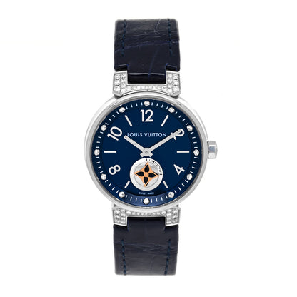 Louis Vuitton Stainless Steel Alligator Diamond 28mm Tambour Moon Quartz Watch 1 of 4