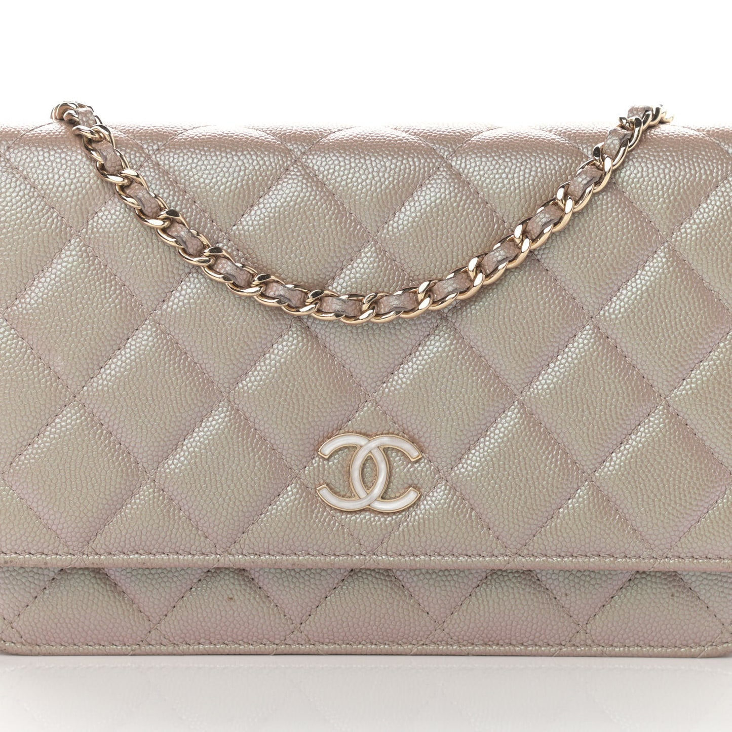 Iridescent Caviar Quilted Wallet On Chain WOC Beige
