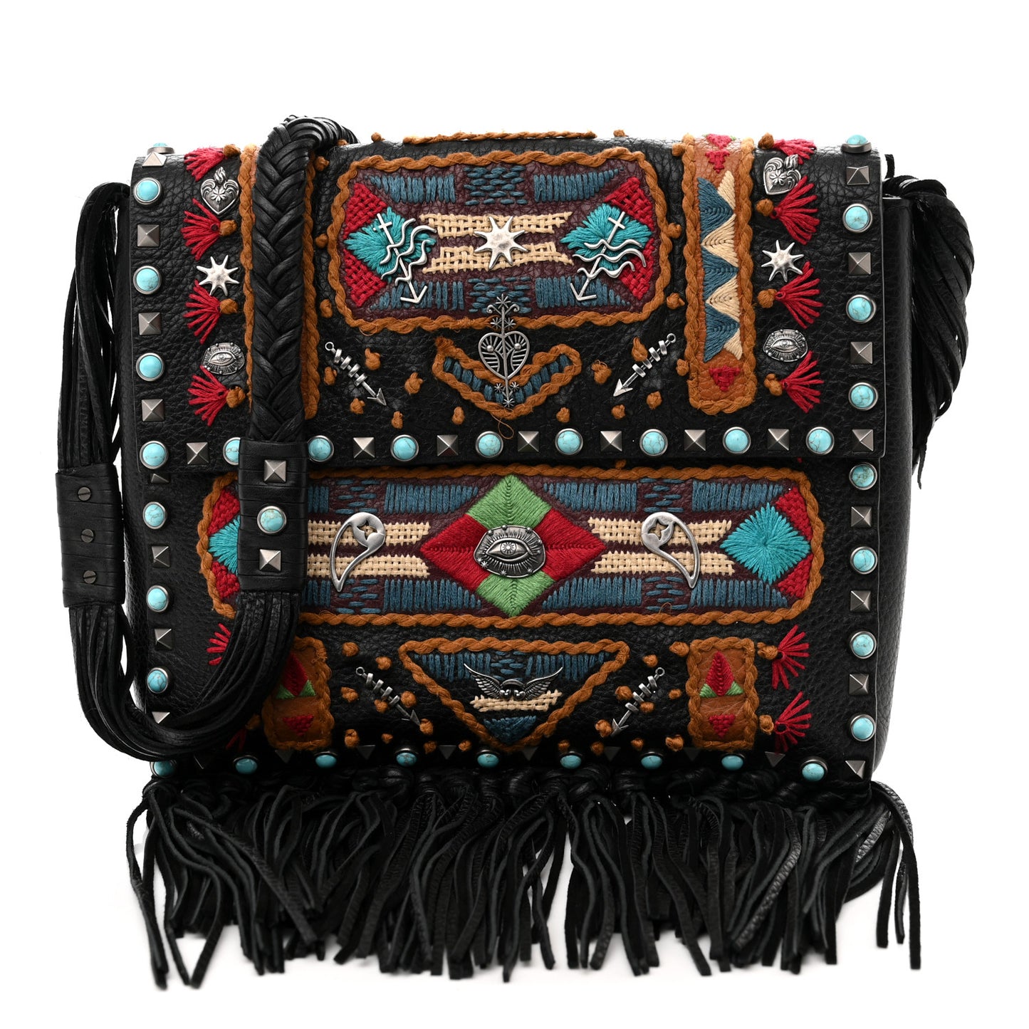 Pebbled Calfskin Embroidered Rockstud Rolling Fringe Messenger Black
