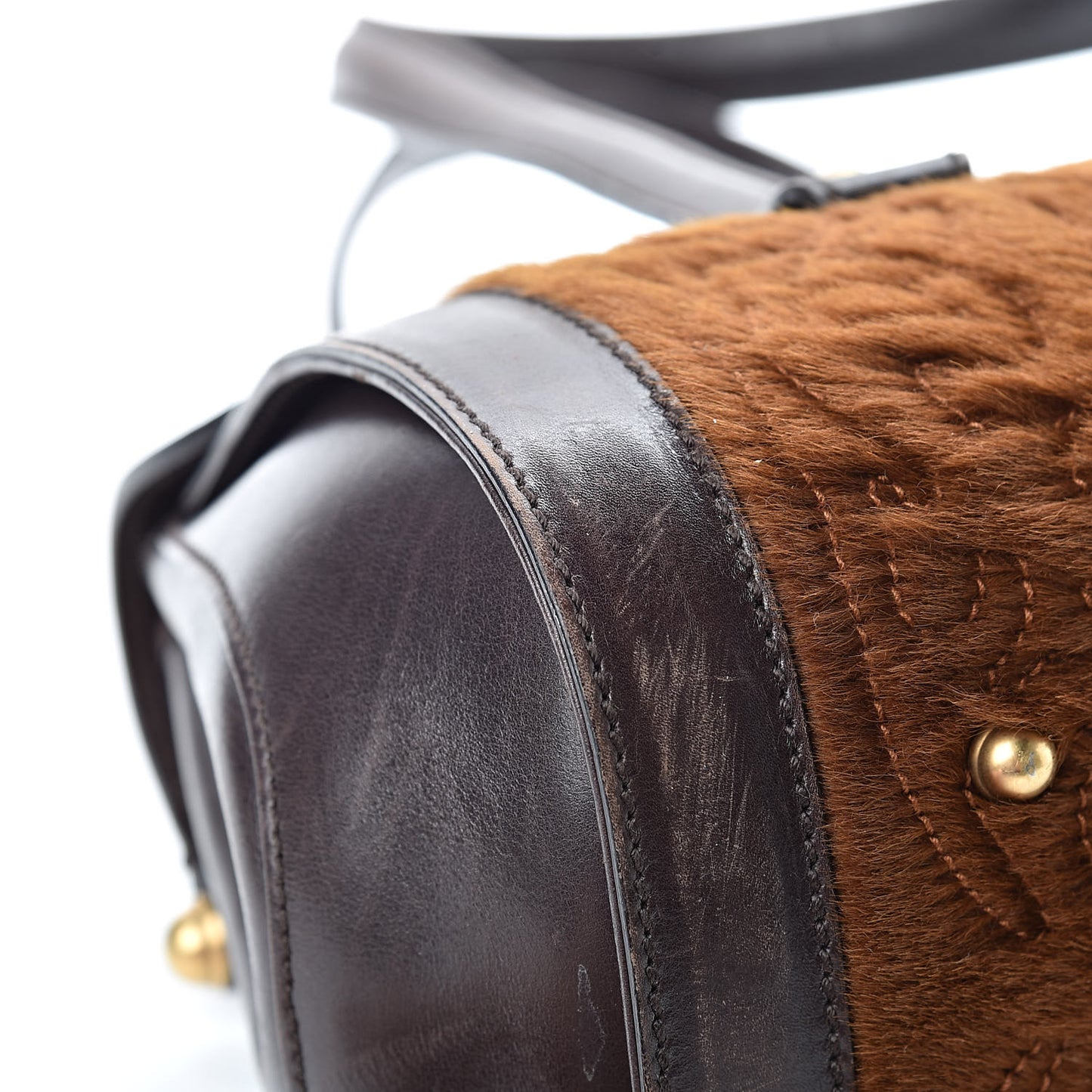 Calf Hair Calfskin Bamboo Bullet Satchel Brown