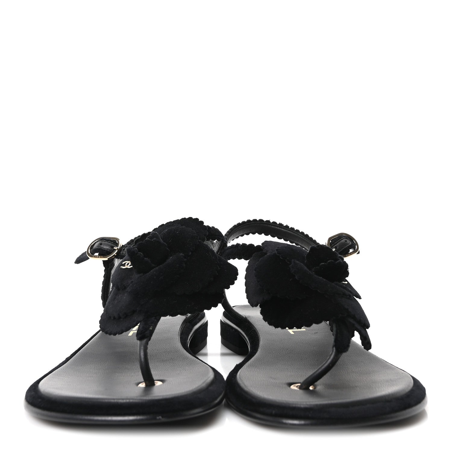 Chanel Velvet Pearl Camellia Thong Sandals 37.5 Black 3 of 10