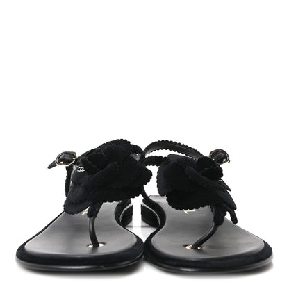 Chanel Velvet Pearl Camellia Thong Sandals 37.5 Black 3 of 10