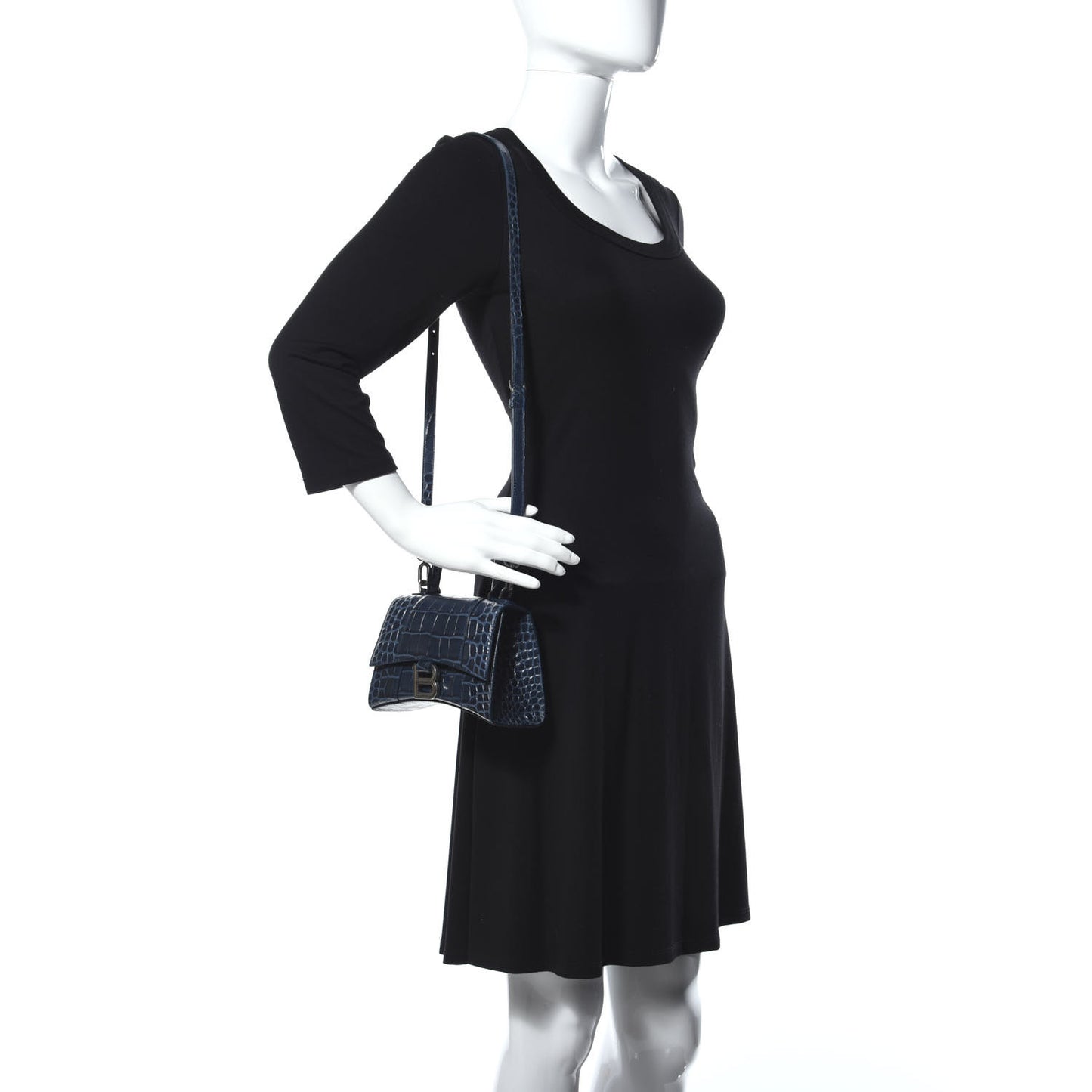 Shiny Calfskin Crocodile Embossed Hourglass Top Handle Bag XS Denim Blue