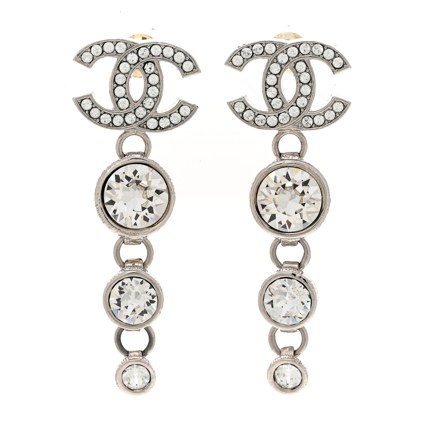 Metal Crystal CC Drop Earrings Silver