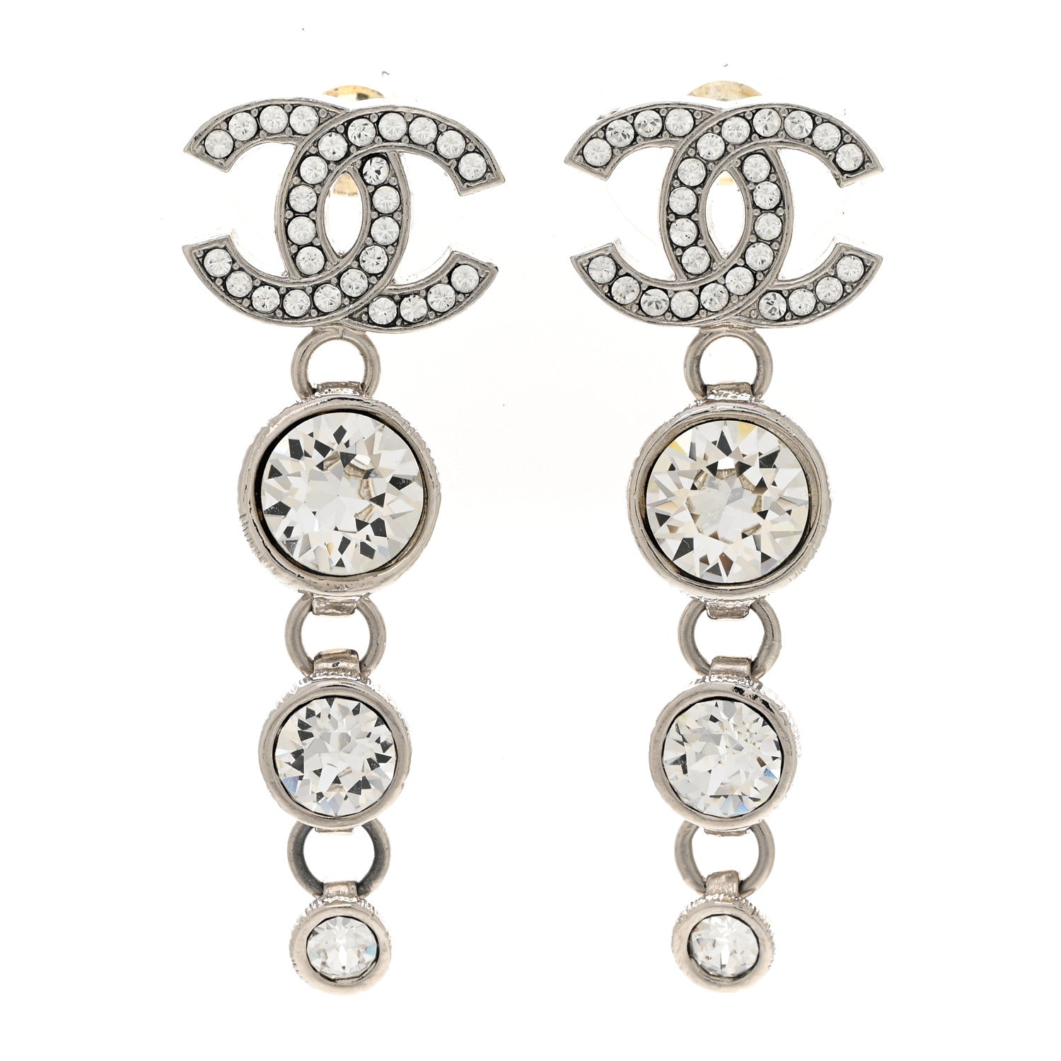 Chanel Metal Crystal CC Drop Earrings Silver 1 of 5