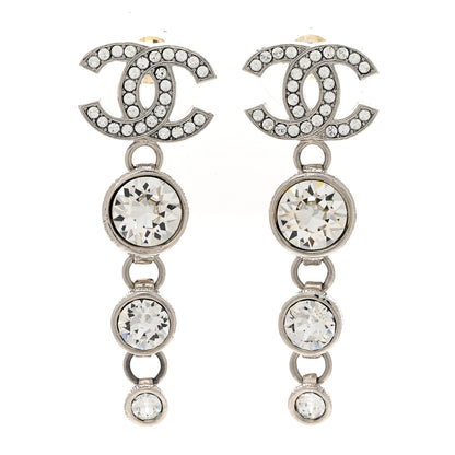 Chanel Metal Crystal CC Drop Earrings Silver 1 of 5