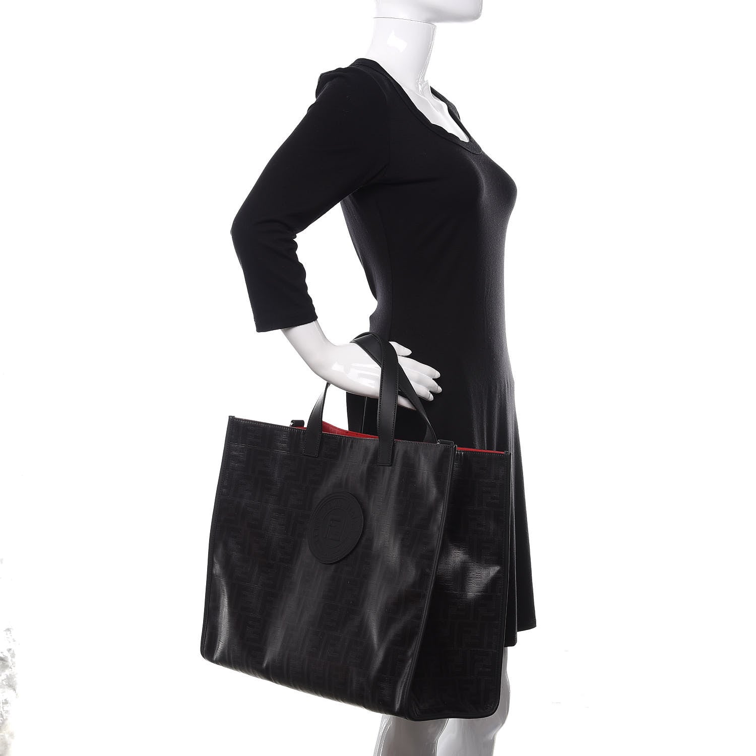 Fendi Glazed Fabric Vitello Century FF 1974 Stamp Patch Shopping Tote Black 2 of 11