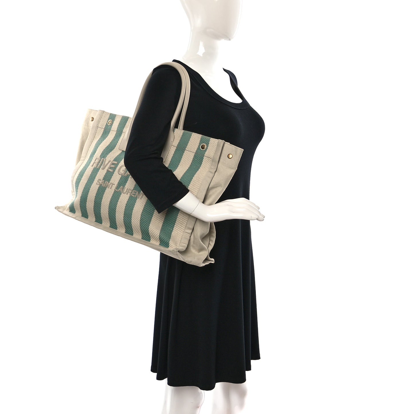 Cotton Linen Calfskin Striped Rive Gauche Tote Water Green