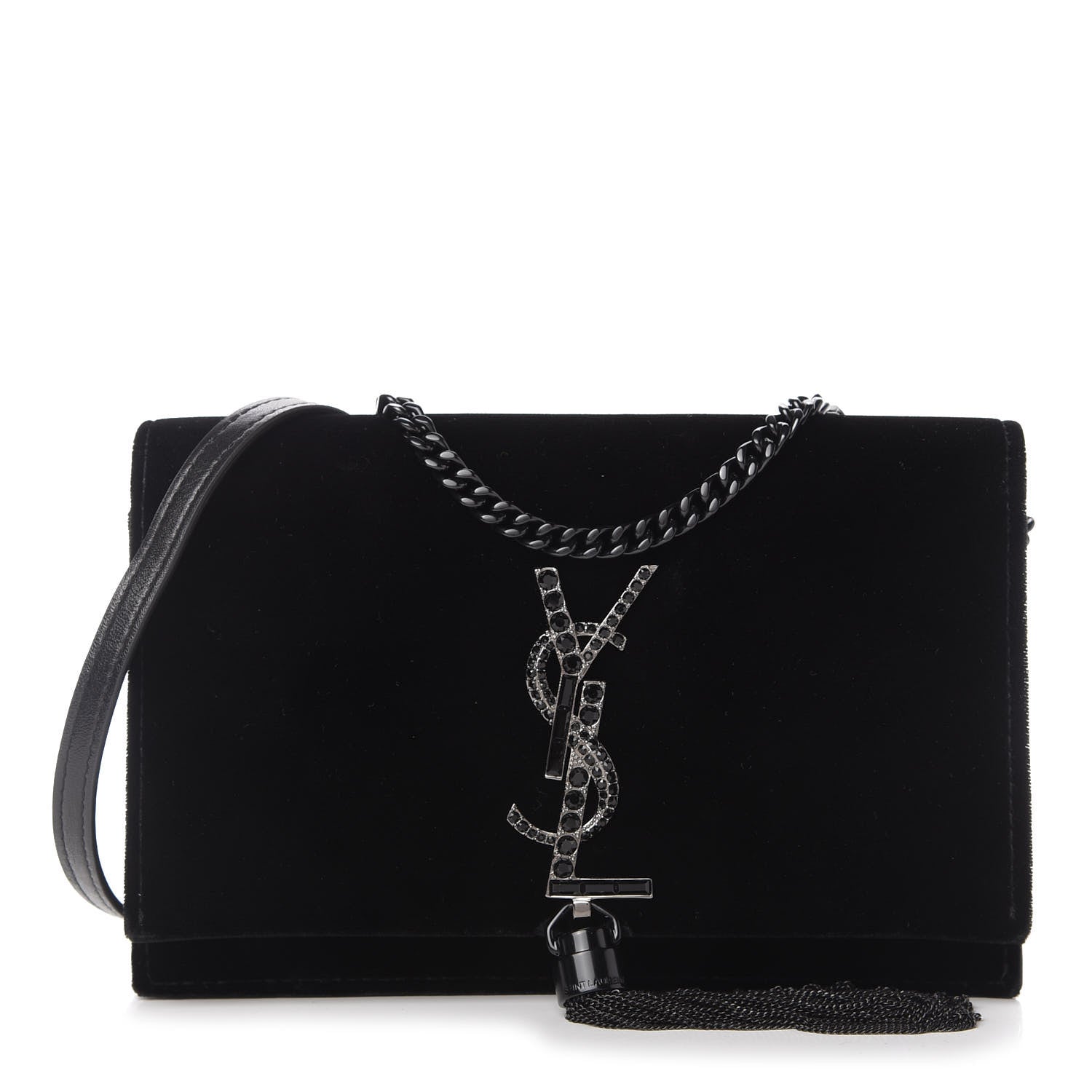 Saint Laurent Velvet Crystal Monogram Kate Tassel Chain Wallet Black 1 of 9