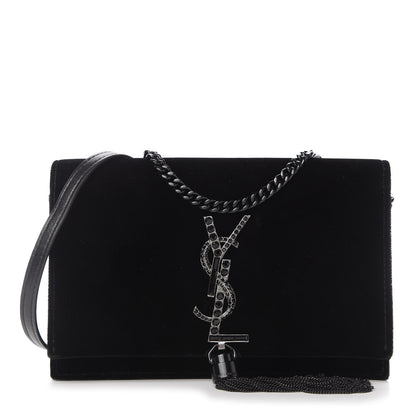 Saint Laurent Velvet Crystal Monogram Kate Tassel Chain Wallet Black 1 of 9