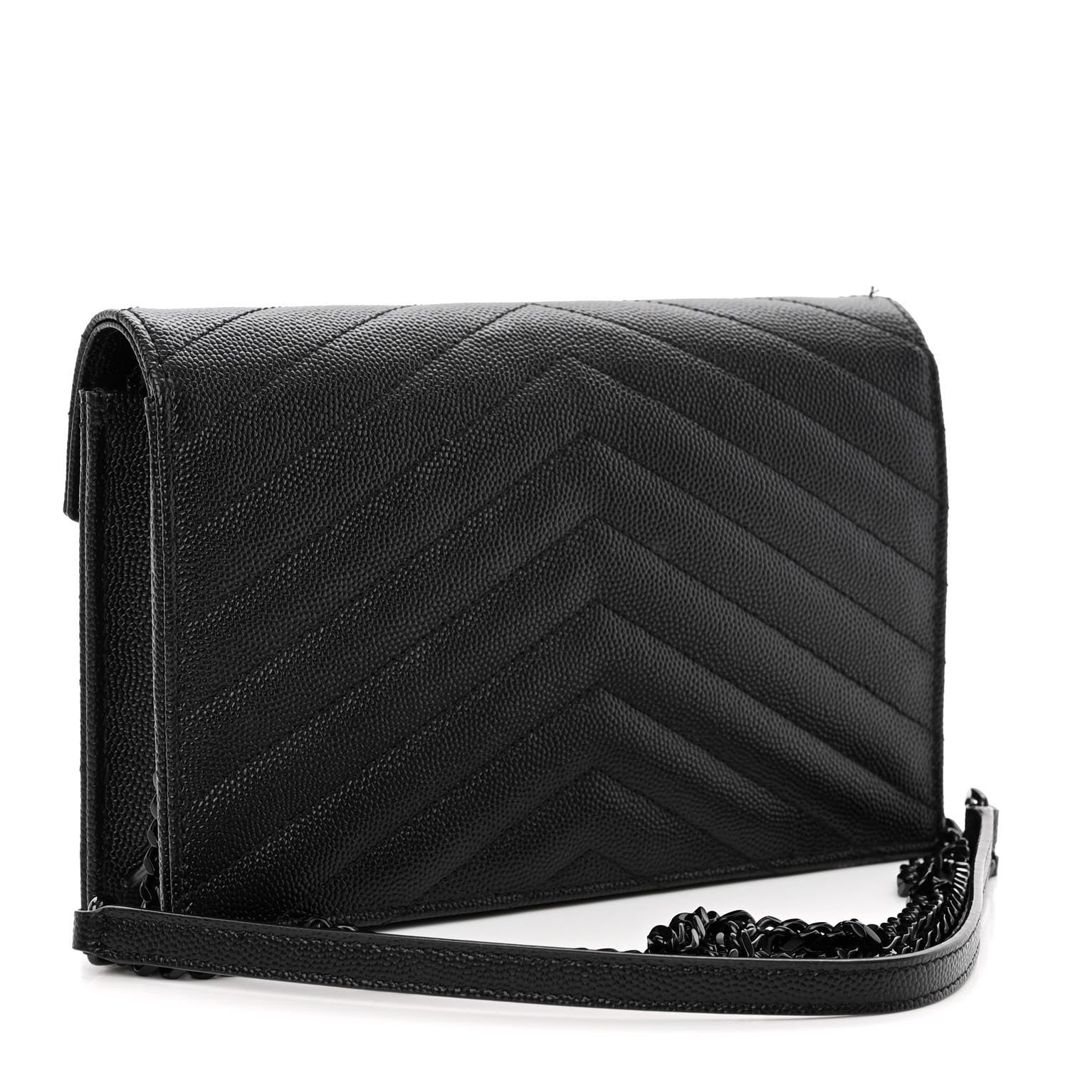 Saint Laurent Grain De Poudre Matelasse Chevron Monogram Monochrome Envelope Chain Wallet Black 3 of 9