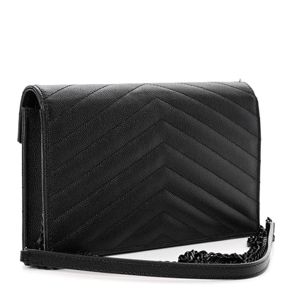 Saint Laurent Grain De Poudre Matelasse Chevron Monogram Monochrome Envelope Chain Wallet Black 3 of 9