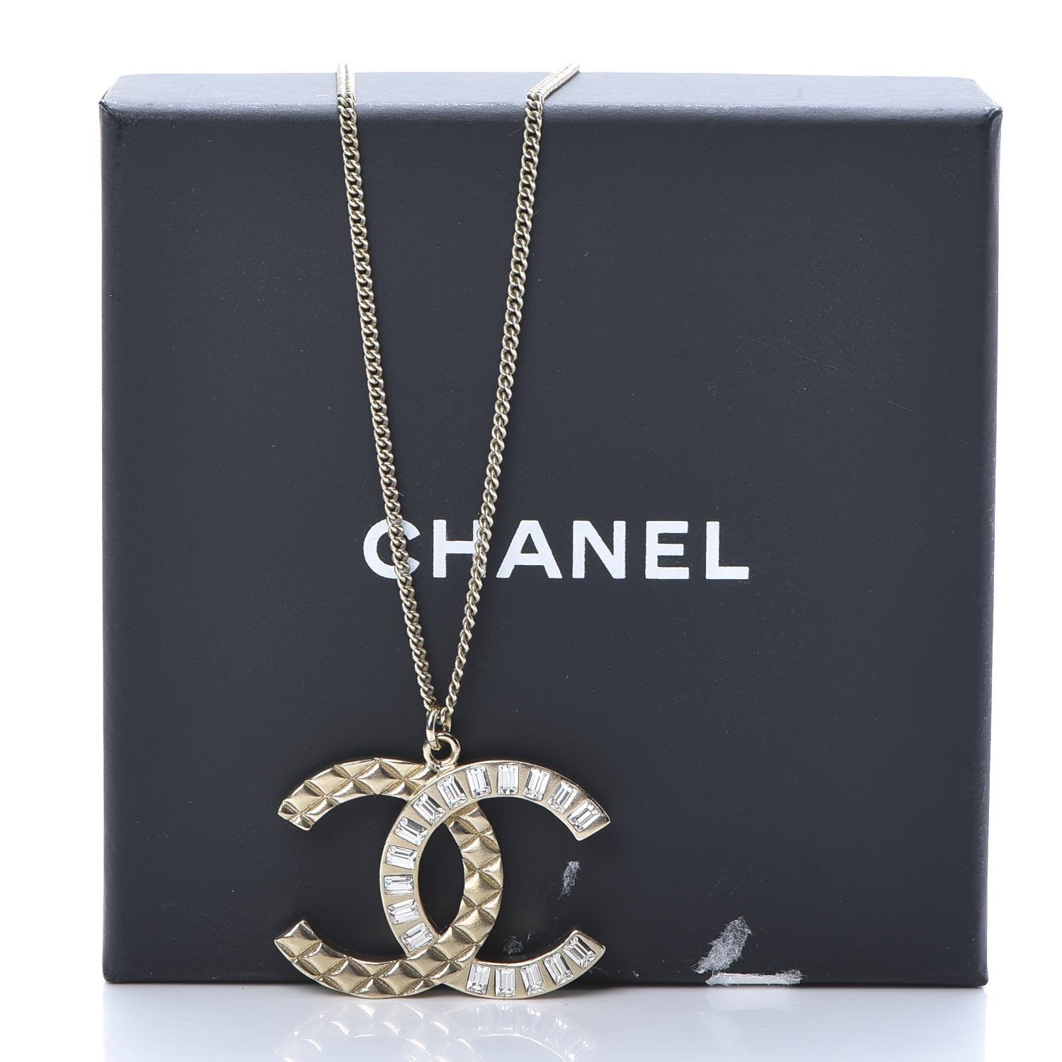 Chanel Baguette Crystal Quilted CC Pendant Necklace Gold 6 of 6