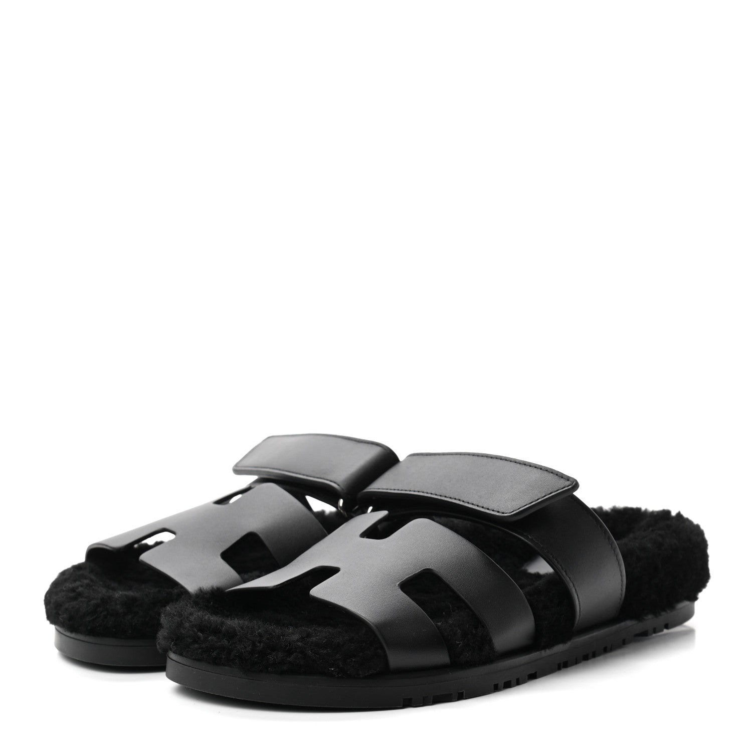 Hermes Calfskin Woolskin Womens Chypre Sandals 36 Black 3 of 8