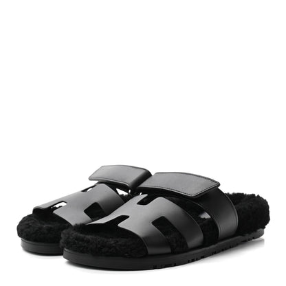Hermes Calfskin Woolskin Womens Chypre Sandals 36 Black 3 of 8