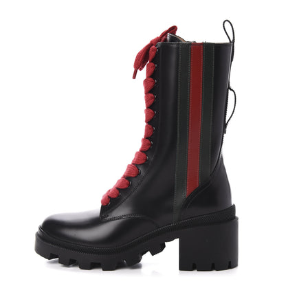 Gucci Magnum Calfskin Cirano Lux Web Lace Up Tall Combat Boots 35 Black Verde Hibiscus Red 1 of 10
