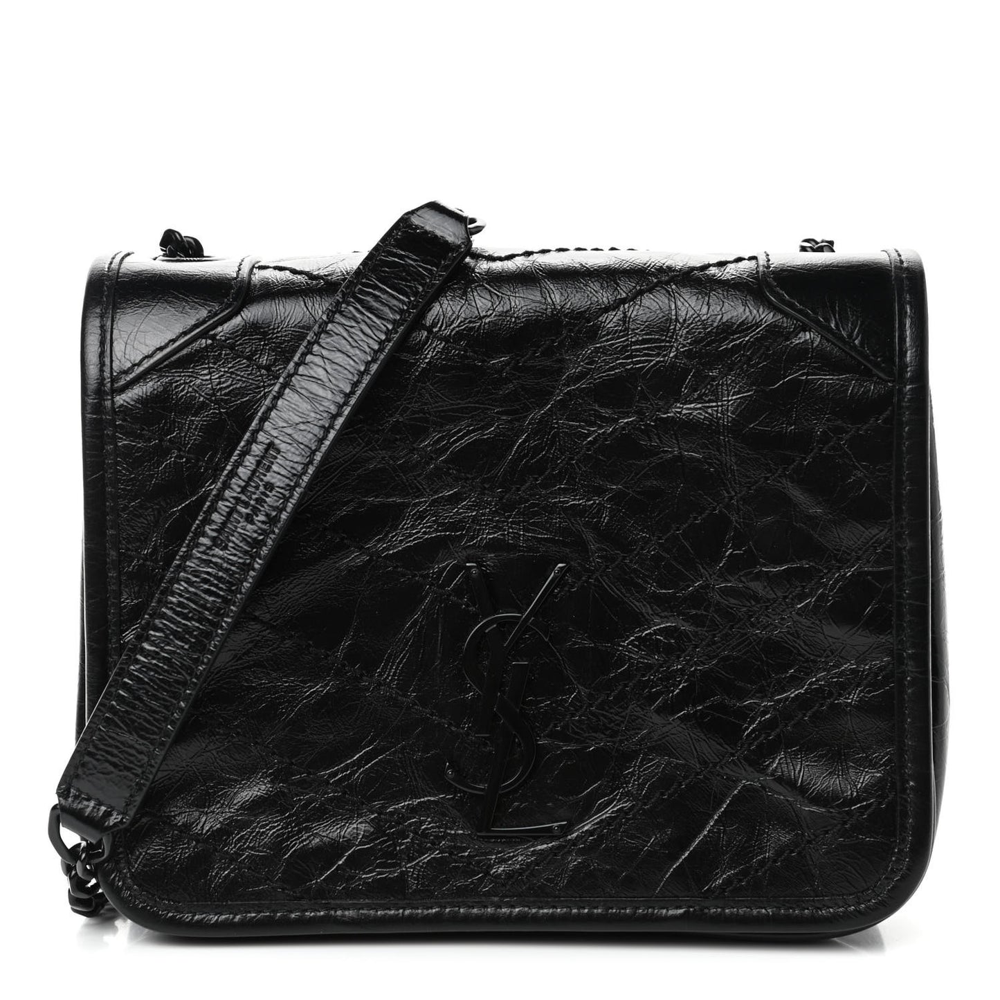 Crinkled Calfskin Matelasse Monogram Niki Chain Wallet Black