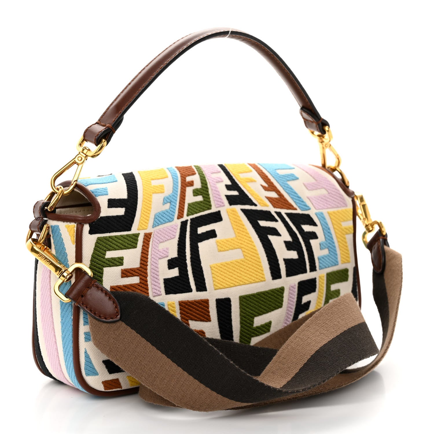 Fendi X SARA COLEMAN Canvas Vitello King Seta FF Fish Eye Embroidered Baguette Grezzo Multicolor Ghianda 3 of 9
