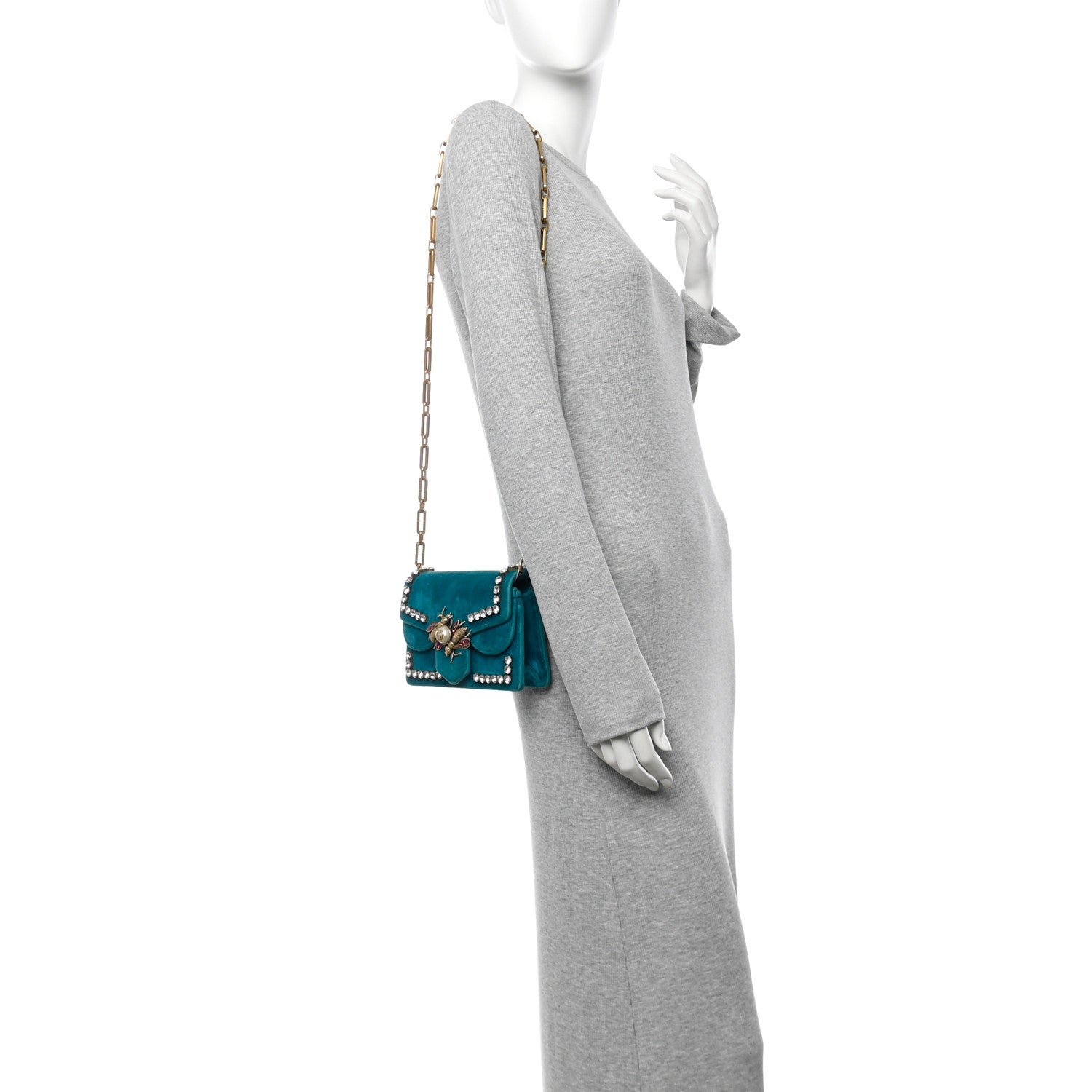 Gucci Velvet Crystal Mini Bee Broadway Shoulder Bag Pavone Cyan 2 of 11