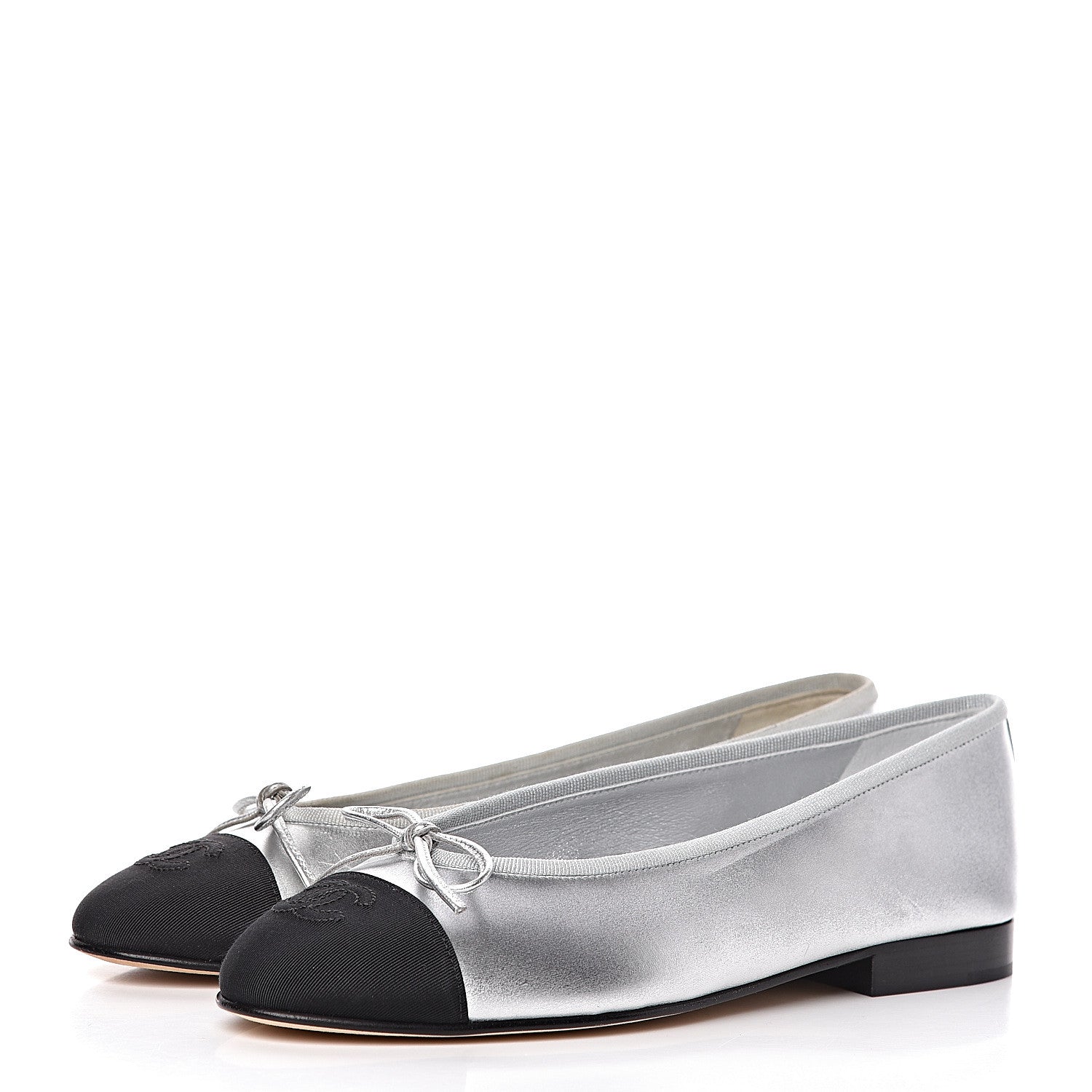 Chanel Laminated Lambskin Grosgrain Cap Toe CC Ballerina Flats 36 Silver Black 3 of 16