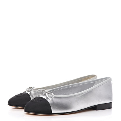 Chanel Laminated Lambskin Grosgrain Cap Toe CC Ballerina Flats 36 Silver Black 3 of 16