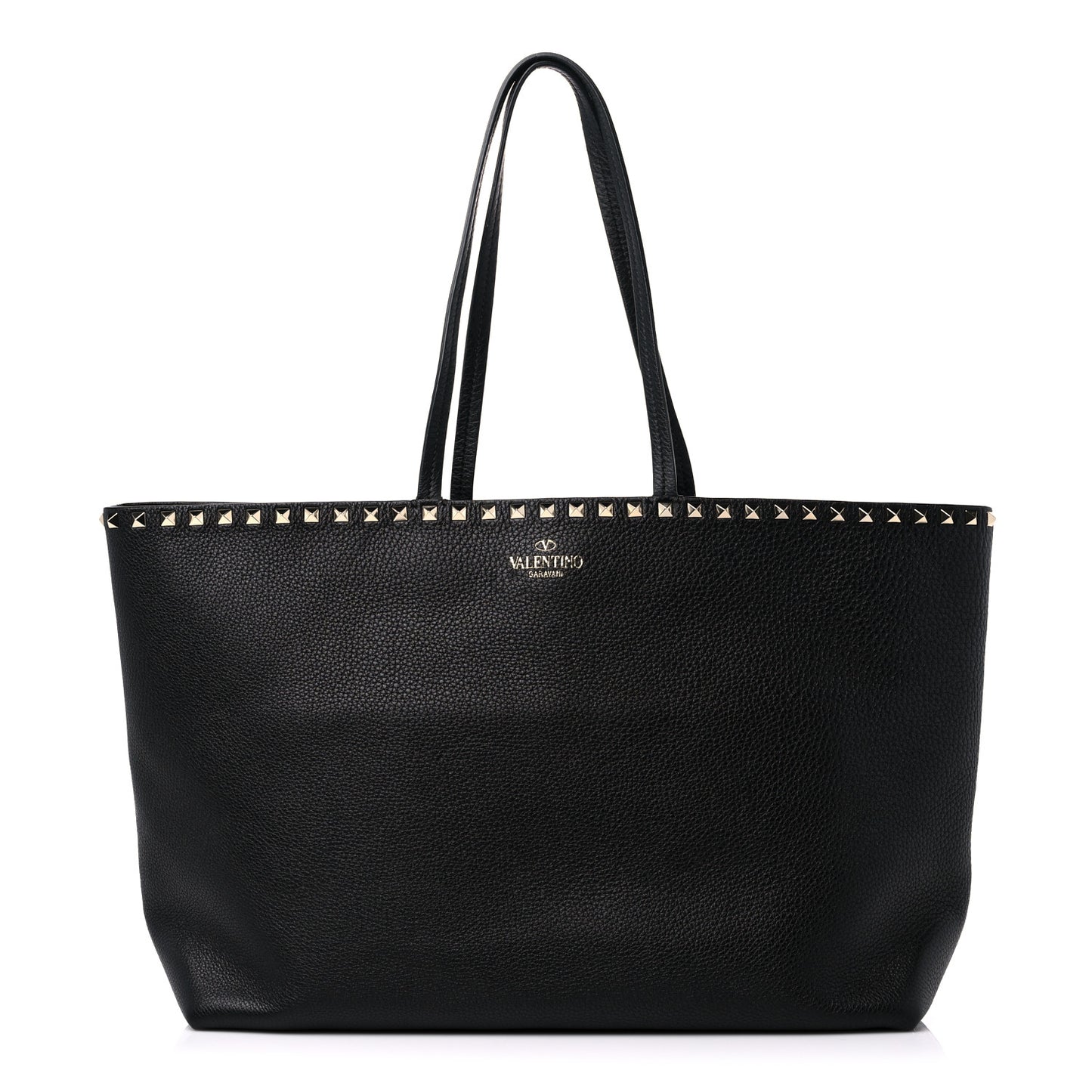 Grained Calfskin Rockstud Shoulder Tote Black