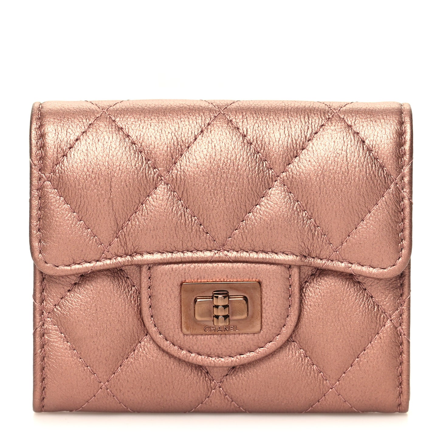 Metallic Calfskin Quilted Reissue Flap Card Holder Wallet Copper Pink