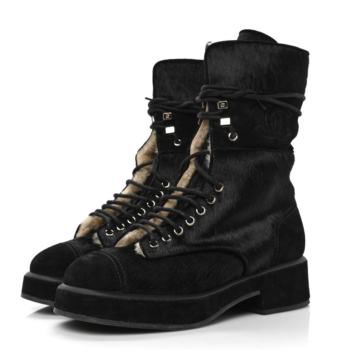 Suede Pony Hair Shearling Lace Up Combat Boots 38.5 Black White