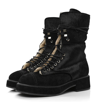Chanel Suede Pony Hair Shearling Lace Up Combat Boots 38.5 Black White 3 of 6
