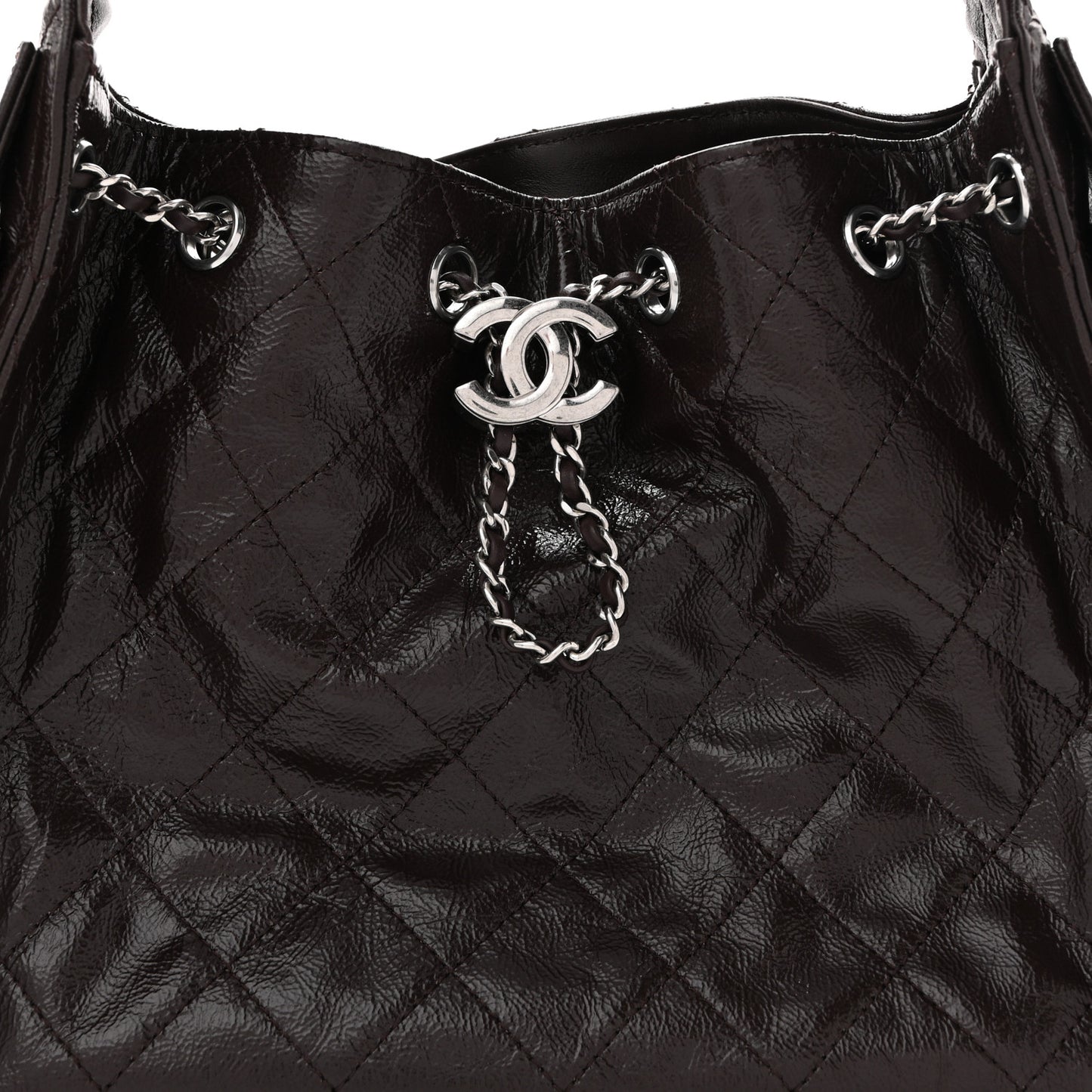 Shiny Crumpled Calfskin Quilted Small Chanel 25 Handbag Dark Brown