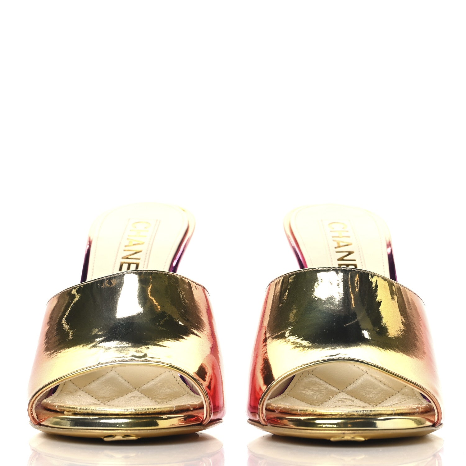 Chanel Laminated Calfskin Wedge Mules 36.5 Pink Orange Yellow 3 of 9