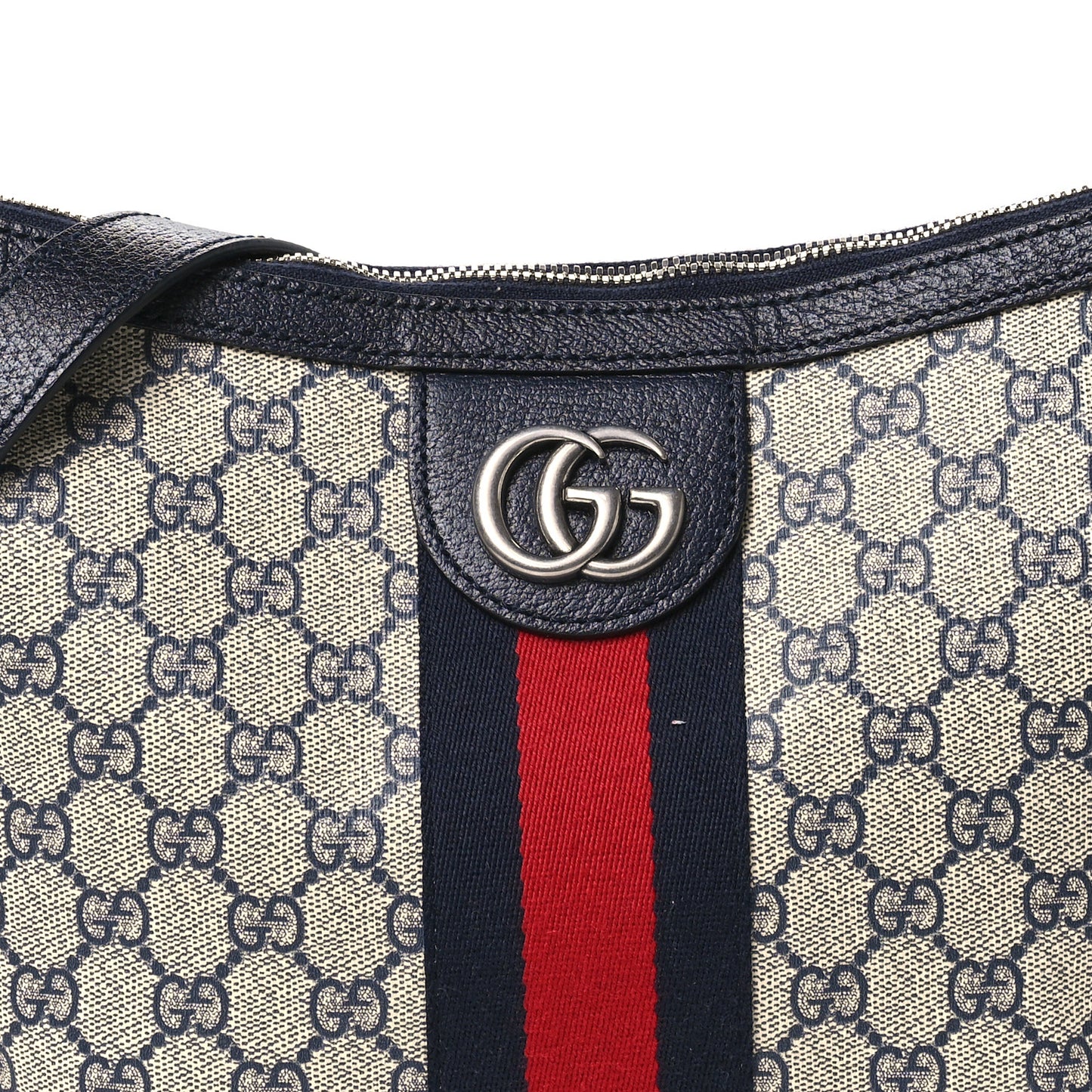 GG Supreme Monogram Textured Dollar Calfskin Web Small Ophidia Half Moon Hobo Beige Blue