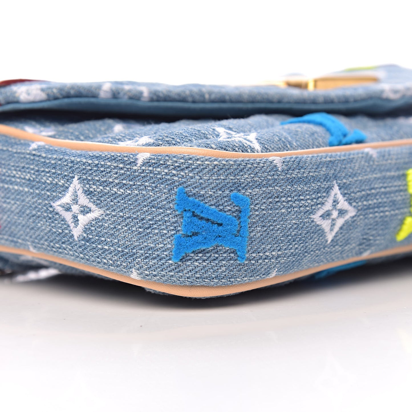 Embroidered Monogram Denim New Wave Chain Pochette Blue