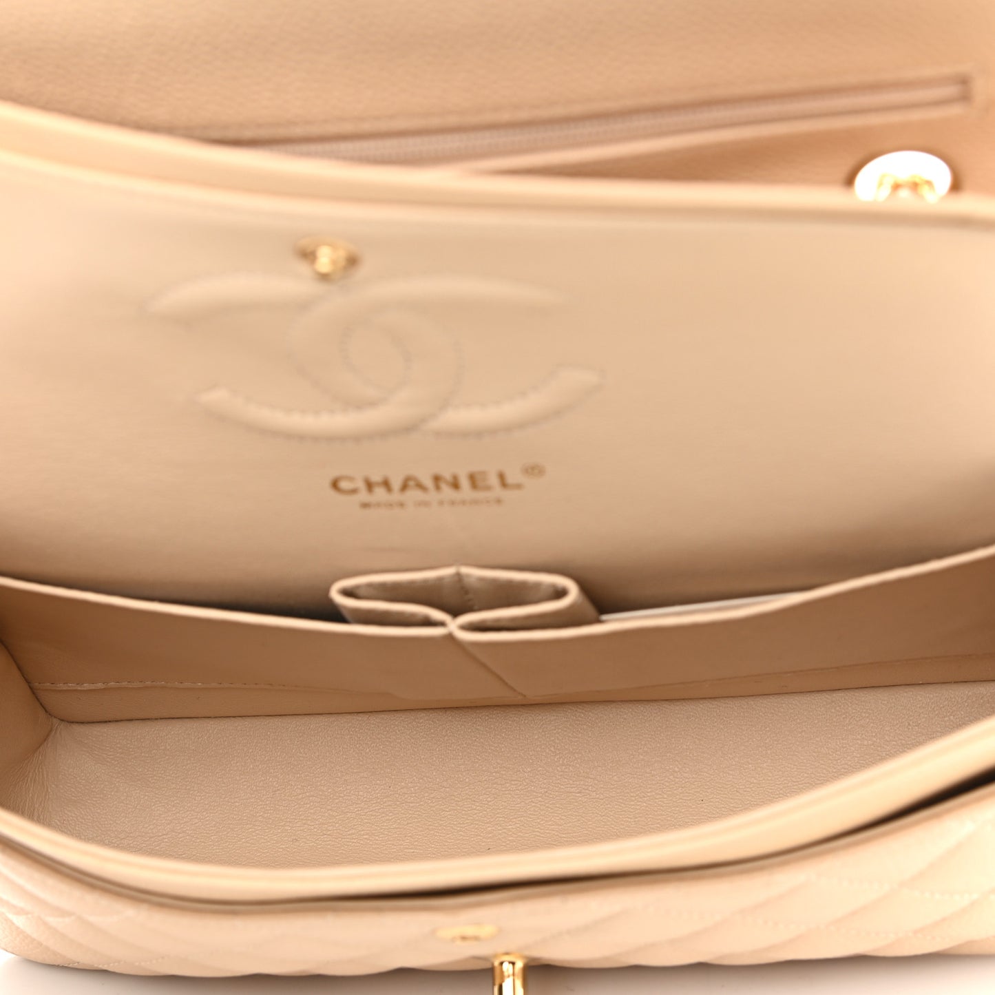 Caviar Quilted Medium Double Flap Beige Clair