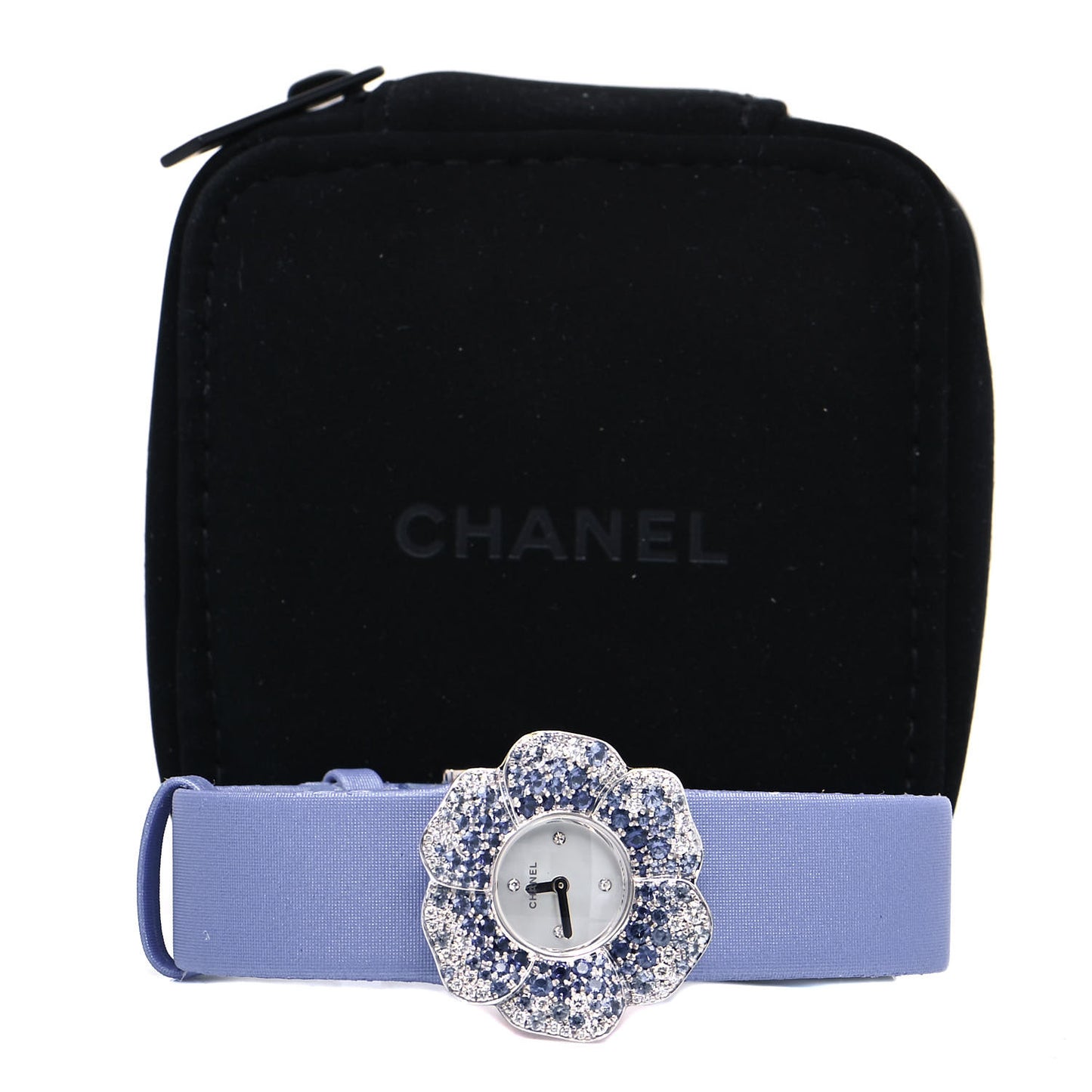18K White Gold Satin Diamond Sapphire 27mm Camellia Quartz Watch Lavender