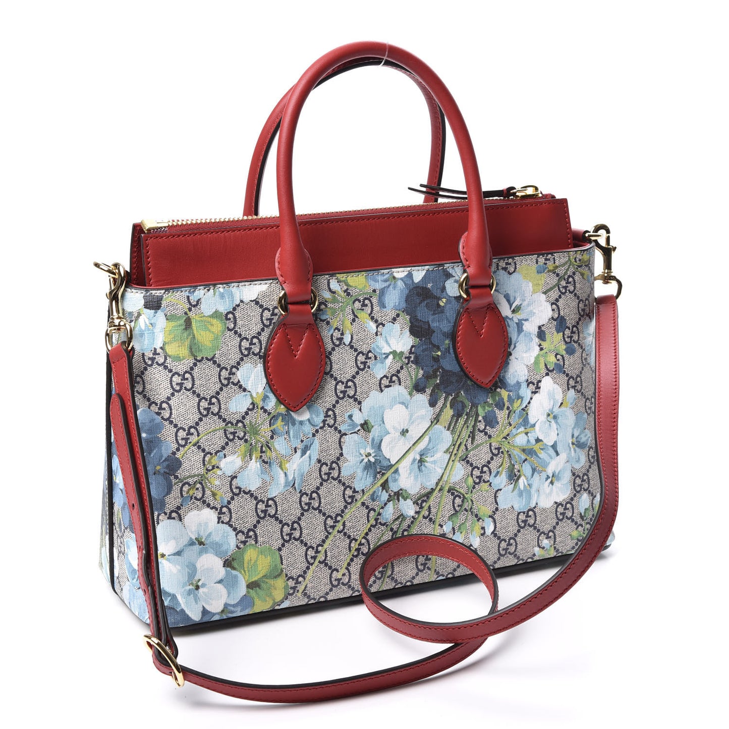 GG Supreme Monogram Blooms Medium Zip Top Tote Beige Blue Navy Hibiscus Red