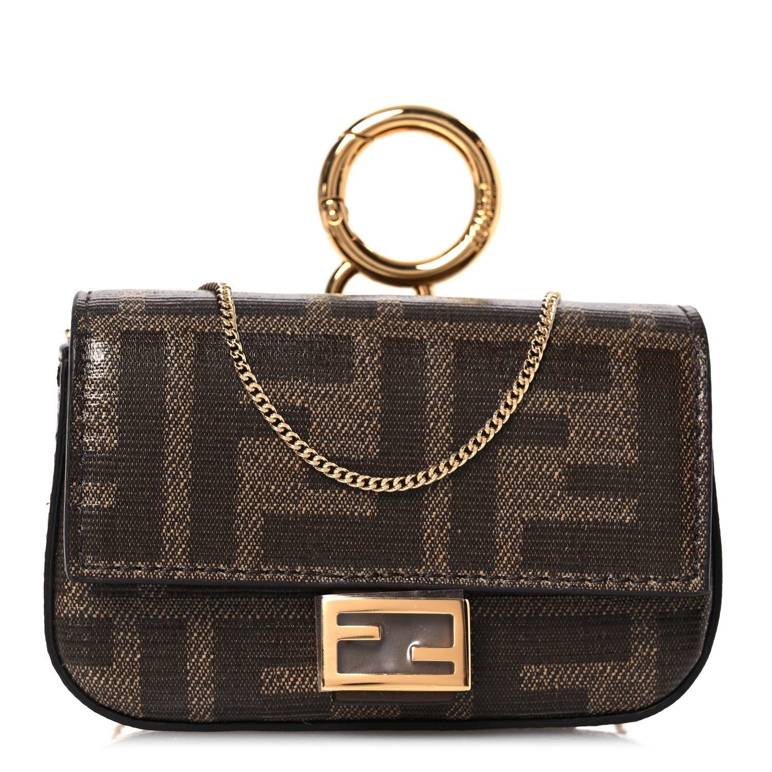 Fendi Glazed Fabric FF 1974 Nano Baguette Charm Mogano Panna 1 of 12