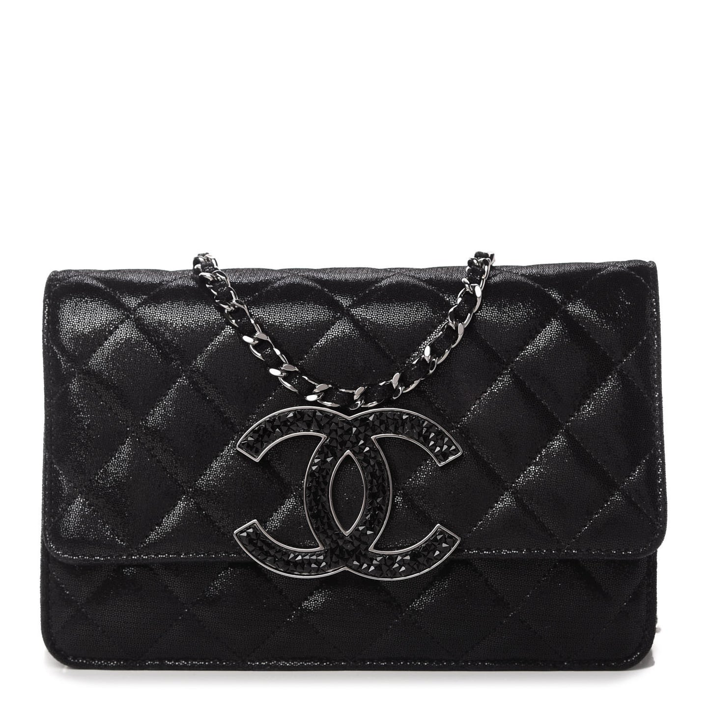 Iridescent Caviar Crystal Quilted Wallet On Chain WOC Black