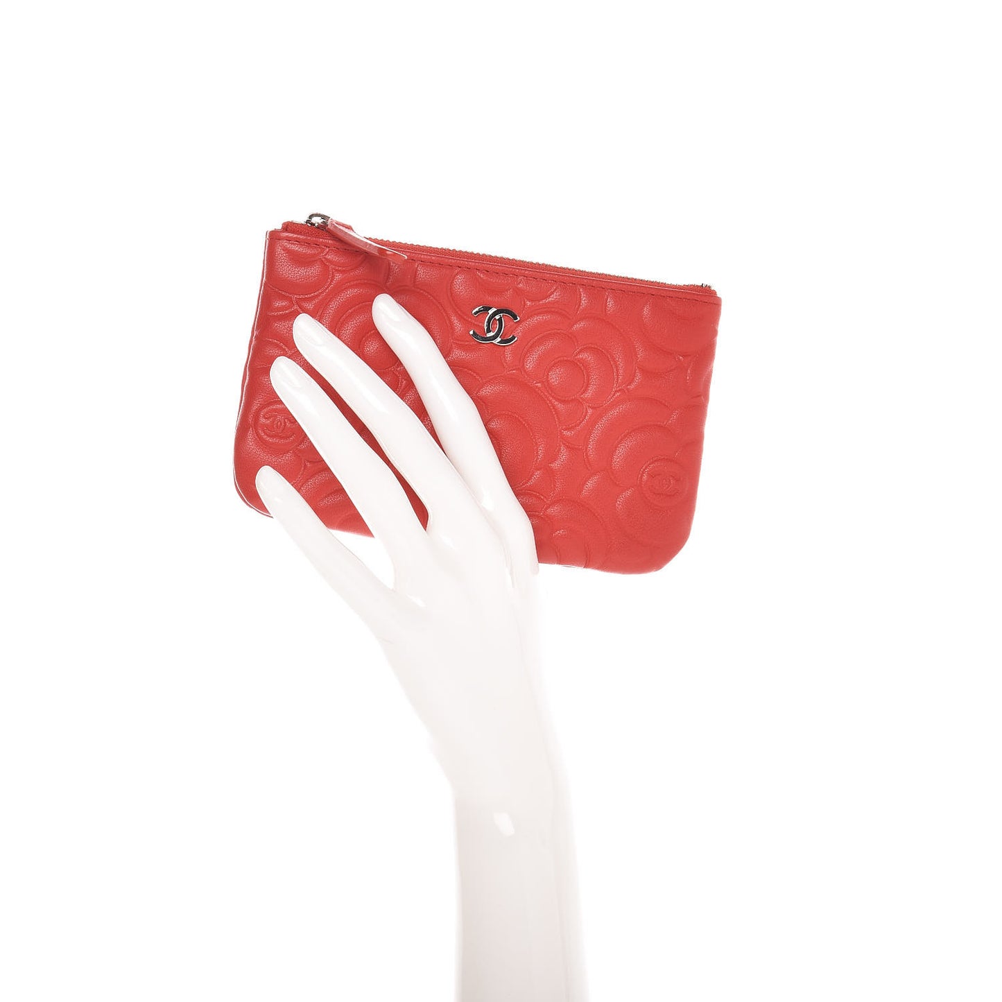 Goatskin Camellia Embossed Cosmetic Pouch Red