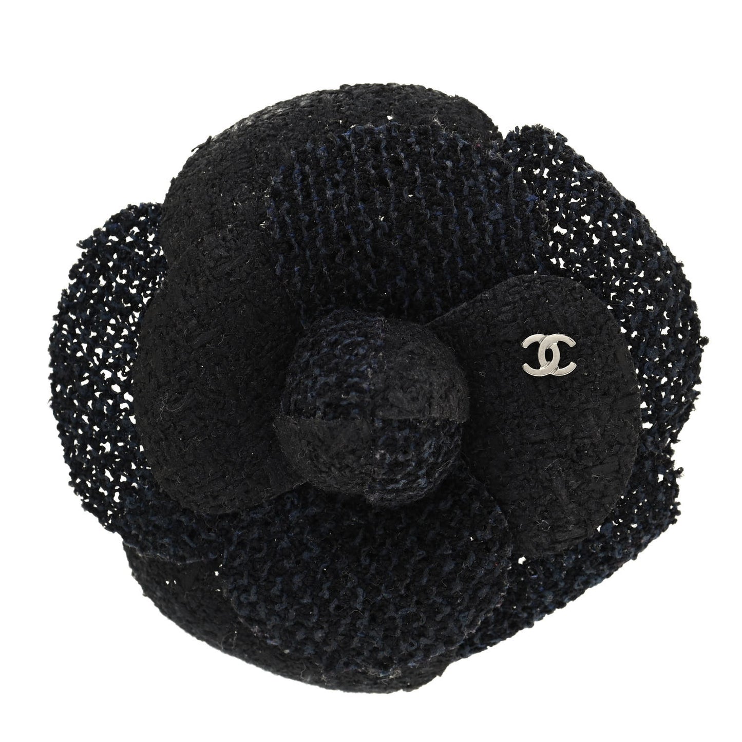 Tweed Camellia Pin Brooch Navy Blue