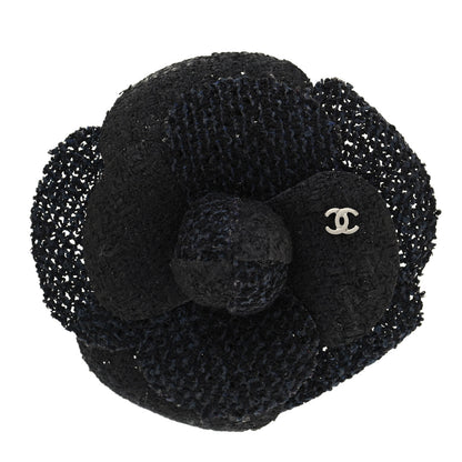 Chanel Tweed Camellia Pin Brooch Navy Blue 1 of 3