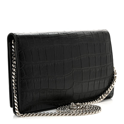 Saint Laurent Calfskin Crocodile Embossed Cassandre Wallet On Chain WOC Black 3 of 10
