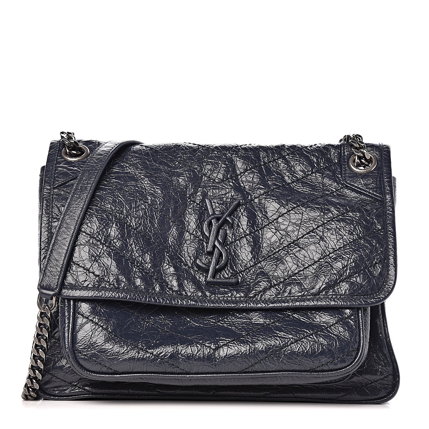 Crinkled Calfskin Matelasse Monogram Medium Niki Chain Satchel Deep Marine