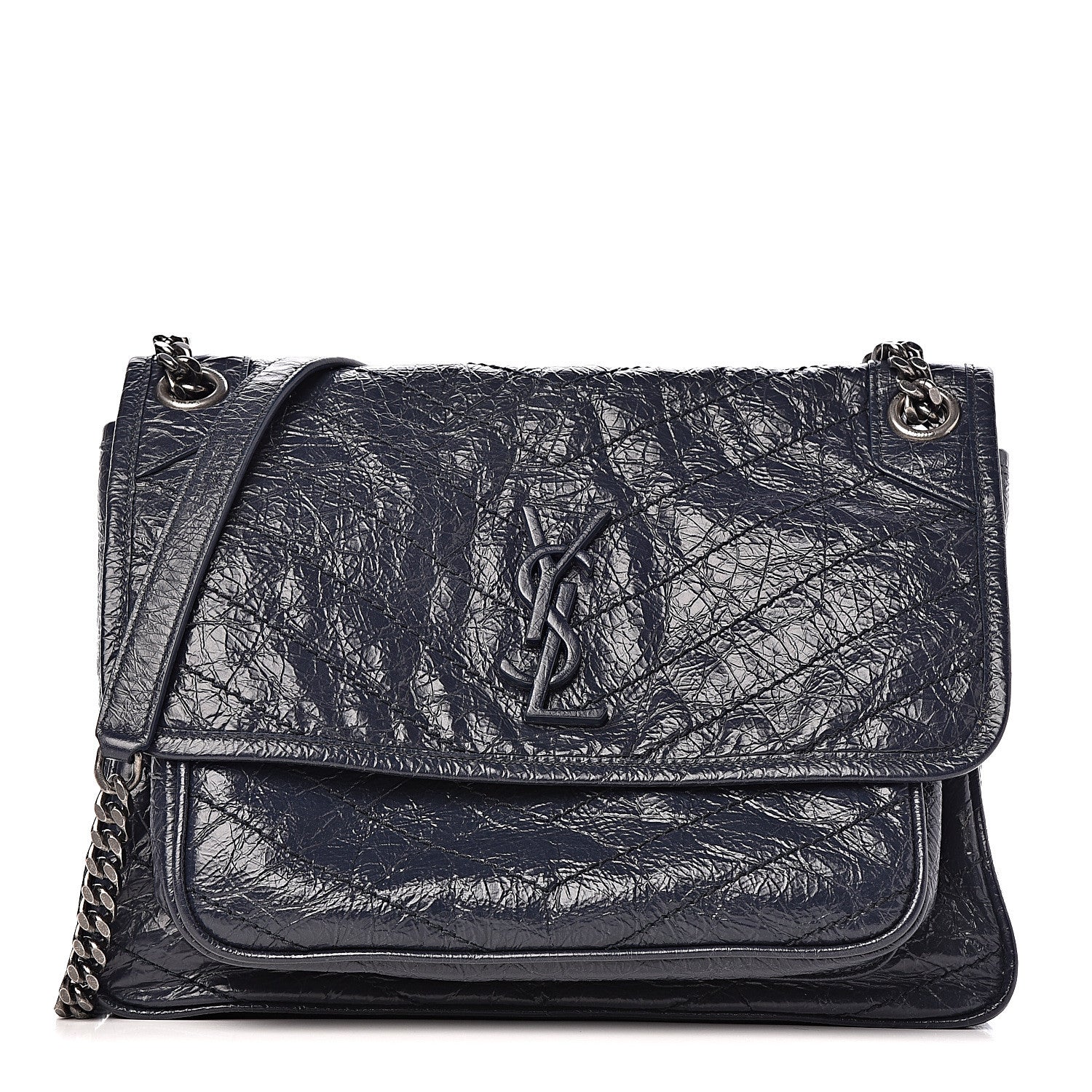 Saint Laurent Crinkled Calfskin Matelasse Monogram Medium Niki Chain Satchel Deep Marine 1 of 10