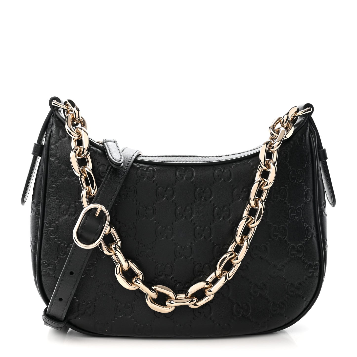 GG Calfskin Embossed Emblem Medium Half Moon Shoulder Bag Black