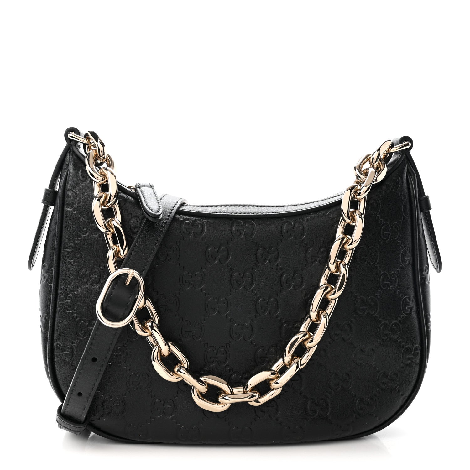 Gucci GG Calfskin Embossed Emblem Medium Half Moon Shoulder Bag Black 1 of 10